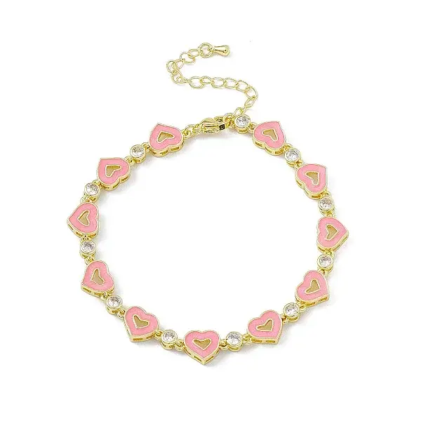 Pink Enamel Heart & Cubic Zirconia Link Chain Bracelet