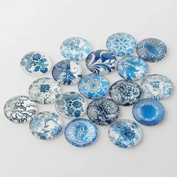 Blue and White Floral Printed Glass Cabochons