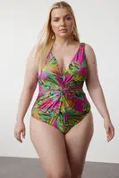 Trendyol Curve Multicolored Tropical Patterned V-Neck Knotted Swimsuit
