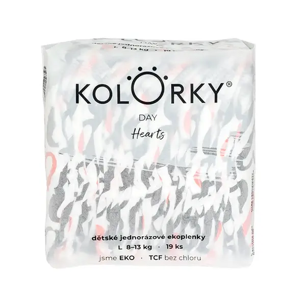 KOLORKY DAY Jednorázové eko plenky vel. L 8-13 kg 19 ks srdce