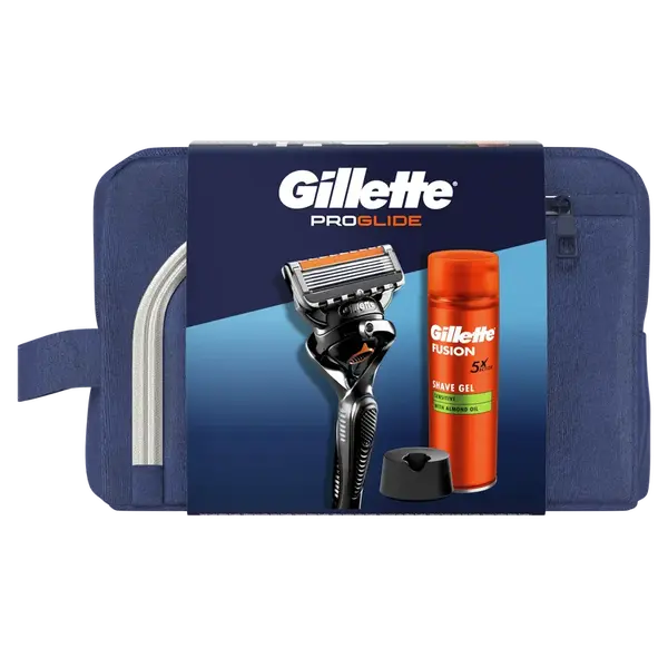 GILLETTE Cestovní sada ProGlide holicí strojek + Fusion gel na holení 200 ml + stojan