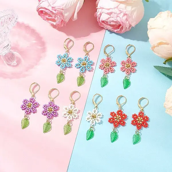 304 Stainless Steel Flower with Leaf Leverback Earrings