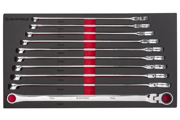 QUATROS 10dílná extra dlouhá sada dvojitých očkových klíčů s ráčnou a flexibilními hlavami 10-19 m