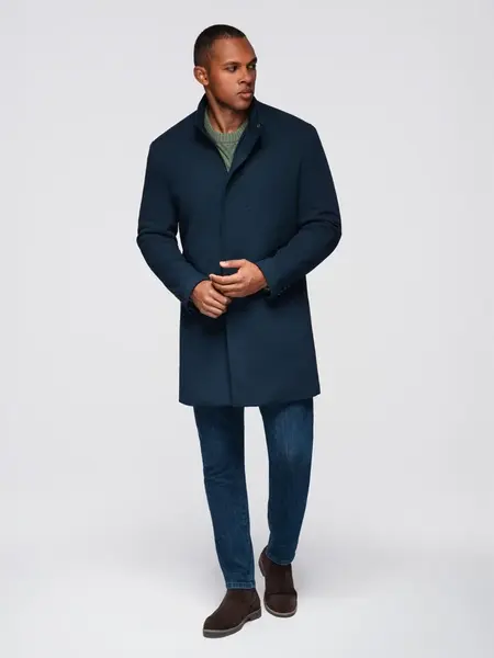Ombre Men's tailored structured coat with high collar - navy blue