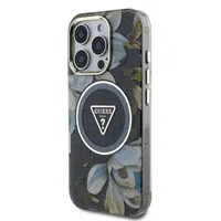 Zadní kryt Guess IML Glitter Magnolia and Triangle Logo MagSafe pro Apple iPhone 16 Pro, černá