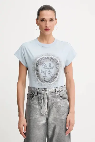 Bavlněné tričko Guess 4G dámské, fialová barva, W5YI14 I3Z14