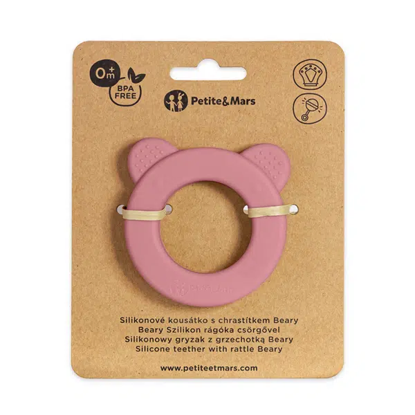PETITE&MARS Kousátko silikonové s chrastítkem Beary Dusty Rose 0m+