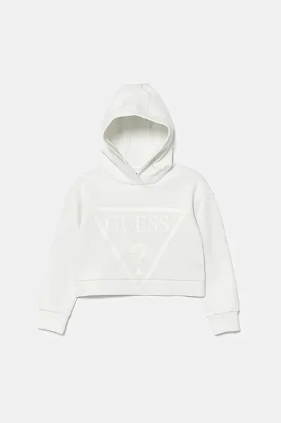 Dětská mikina Guess bílá barva, s kapucí, s potiskem