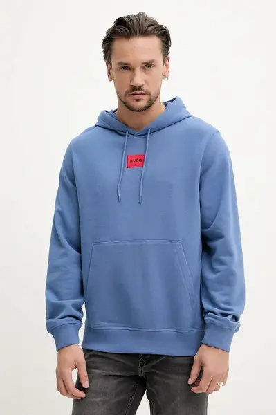 Bavlněná mikina HUGO Daratschi214 pánská, modrá barva, s kapucí, s aplikací, 50458700