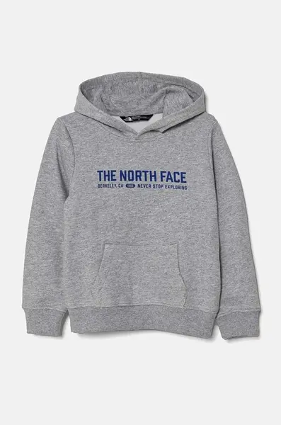 Dětská mikina The North Face VARSITGRAPHIC RELAXED HOODIE šedá barva, s kapucí, s potiskem, NF0A89HBDYX1