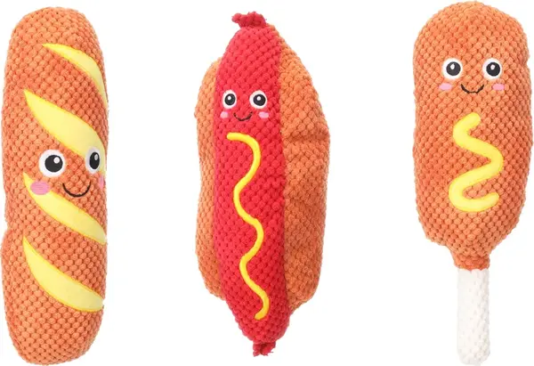 Flamingo Fofa Fast Food plyšová hračka pro psy - bageta, párek v rohlíku, kuřecí stehýnko 1 ks