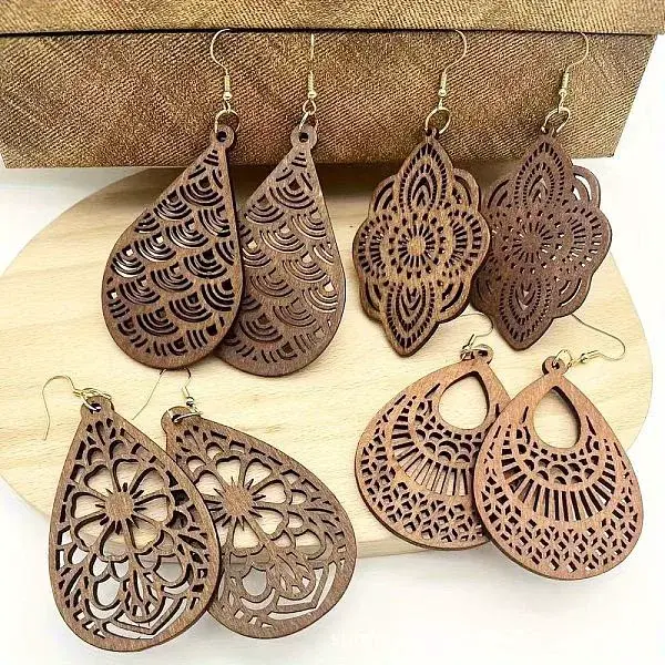 4 Pairs Wood Dangle Earrings