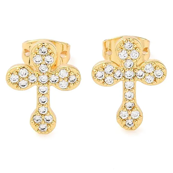 Rack Plating Cross Brass Pave Clear Cubic Zirconia Stud Earrings