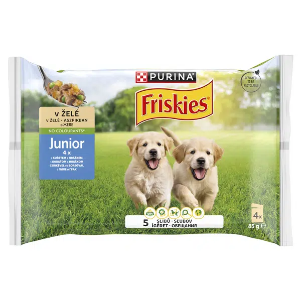 Friskies Junior aspikové mokré krmivo pre psov - kuracie mäso a hrášok 4 x 85 g