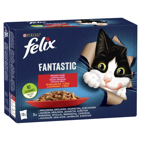 Felix Fantastic lahodný výběr v želé - s kuřetem, hovězím, králíkem a jehněčím 4 x (24 x 85 g)