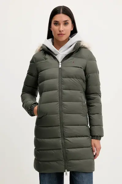 Péřová bunda Tommy Jeans dámská, béžová barva, DW0DW18864