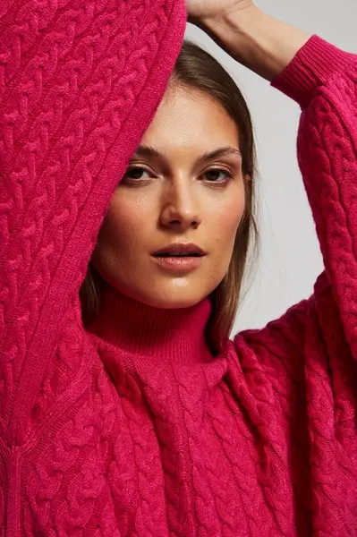 Marisse Fuchsia Turtleneck Sweater With Puffed Sleeves