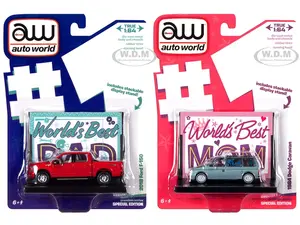 2018 Ford F-150 Pickup Truck Red and 1984 Dodge Caravan Minivan Blue Metallic "Worlds Best Mom and Dad" Set of 2 Pieces 1/64 Diecast Model Cars by Au