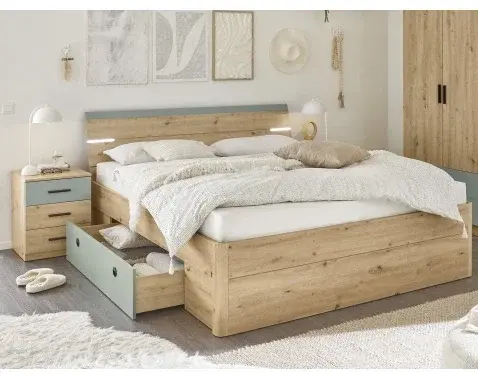 Postel s nočními stolky Savina 180x200 cm, dub artisan/šalvějová, s osvětlením