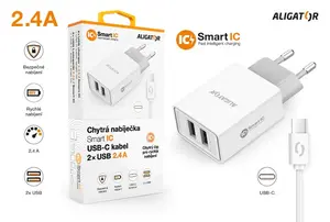 Chytrá síťová nabíječka ALIGATOR 2.4A, 2xUSB, smart IC, USB-C kabel 2A, bílá