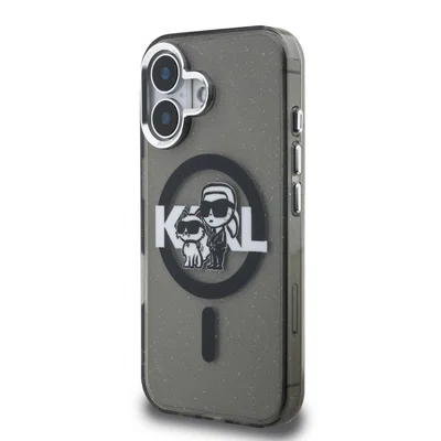 Zadní kryt Karl Lagerfeld IML Glitter Karl and Choupette Sketch MagSafe pro Apple iPhone 16, černá