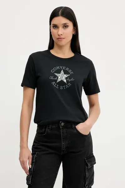 Bavlněné tričko Converse dámské, černá barva, 10027751-A02