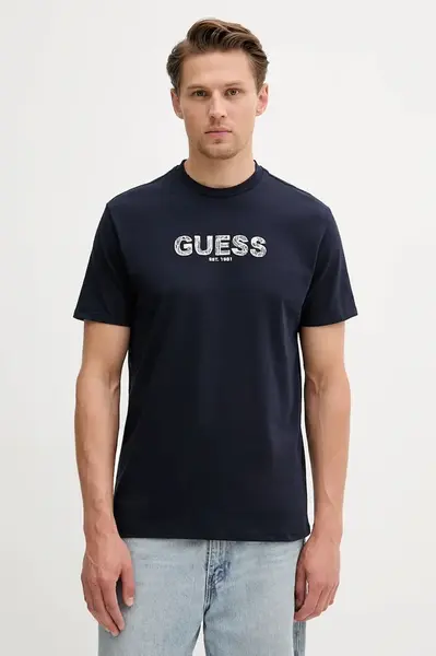 Bavlněné tričko Guess pánské, tmavomodrá barva, s aplikací, M5YI41 KBW41