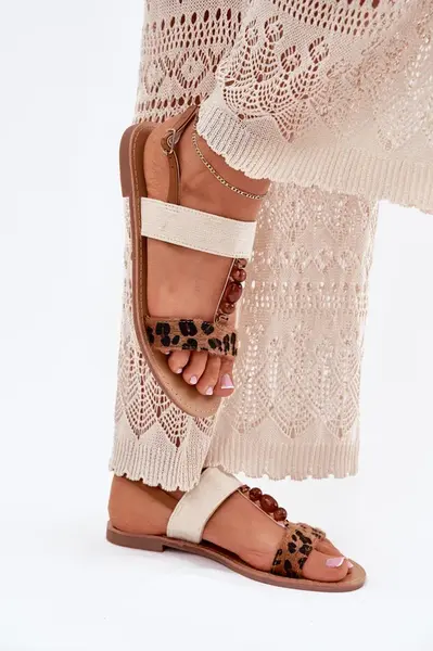 Boto Ploché Dámské Sandály S Korálky Leopardí Hnědé Virona