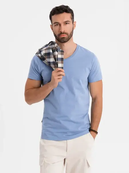 Ombre BASIC men's classic cotton T-shirt with a serape neckline - blue