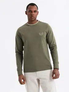 Ombre Men's cotton longsleeve with U neckline with stripes and embroidery - olive