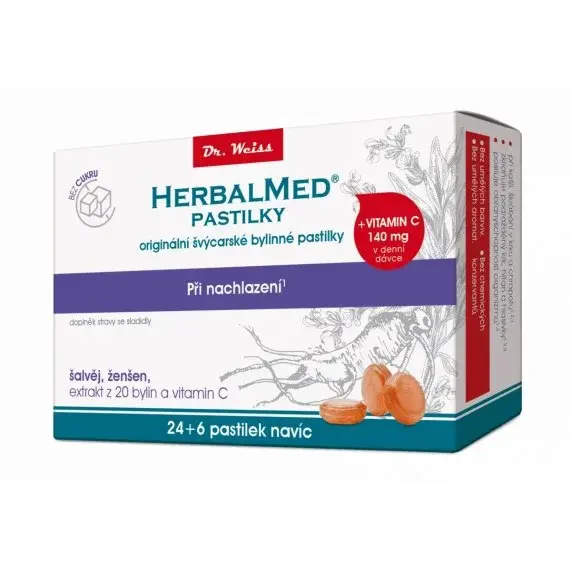 HerbalMed pastilky Dr.Weiss bez cukru šalvej ženšen vitamin C 24+6ks
