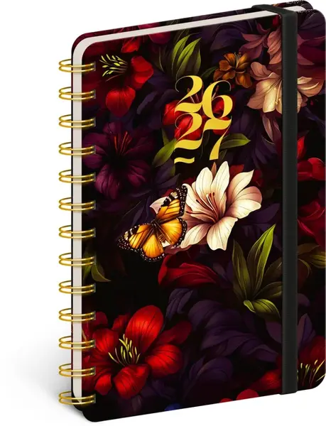 Diář 18měsíční spirálový 2026/2027 Petito - Rudé květy, 13 x 18 cm