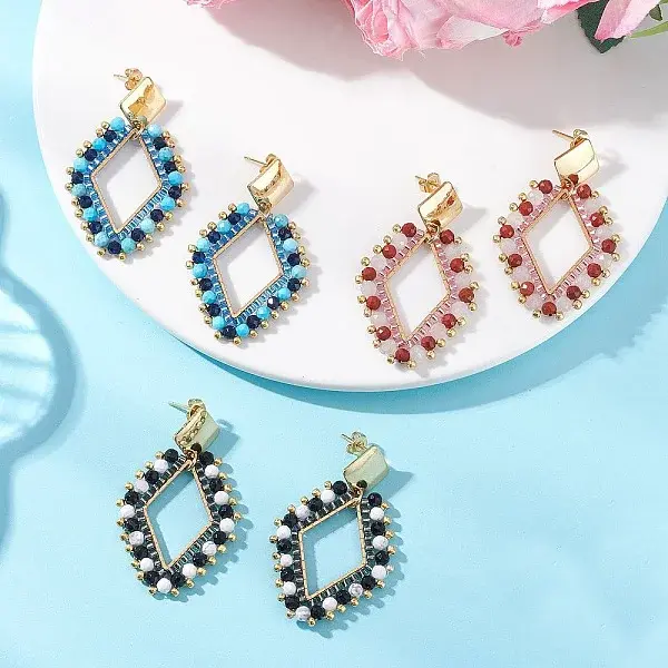 3 Pairs Rhombus Mixed Stone & Glass Seed Beads Dangle Stud Earrings