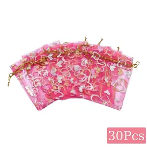 30Pcs Heart Printed Organza Drawstring Bags