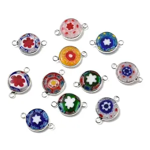 Handmade Millefiori Lampwork Flat Round Connector Charms