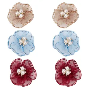 6Pcs 3 Colors Flower Alloy & Rhinestones & Gauze Shoe Buckle Clips