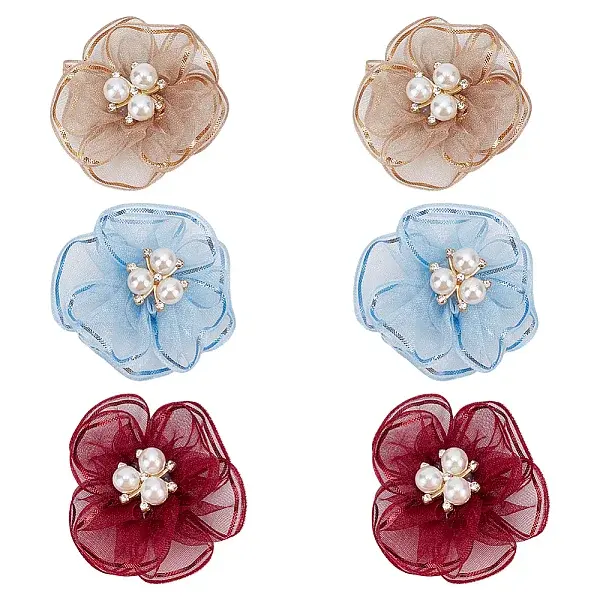 6Pcs 3 Colors Flower Alloy & Rhinestones & Gauze Shoe Buckle Clips