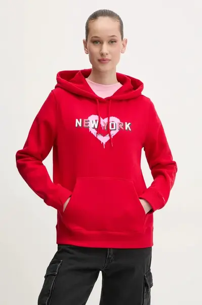 Mikina Tommy Jeans dámská, červená barva, s kapucí, s potiskem, DW0DW21771
