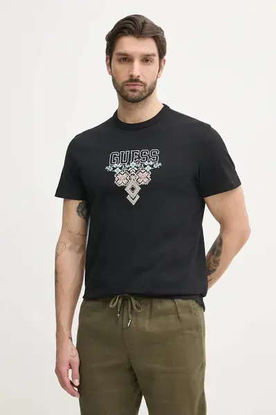 Bavlněné tričko Guess černá barva, s aplikací, M5GI11 K8FQ4