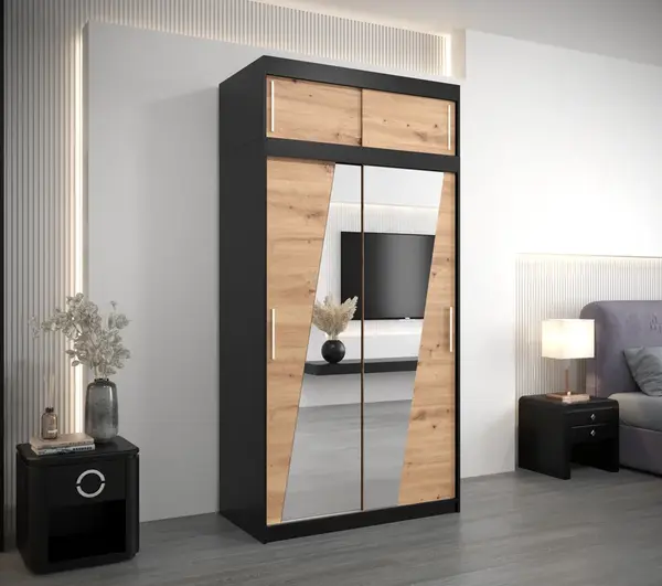 Šatní skříň Abi R0 s nástavcem Barva korpusu: Černá, Rozměry: 180 cm, Dveře: Dub artisan