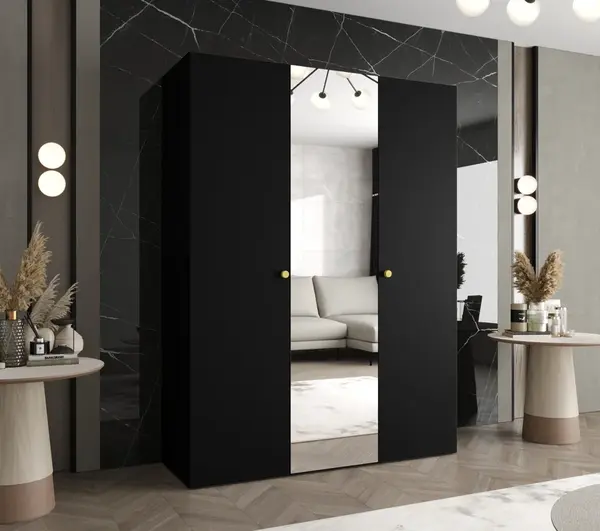 Šatní skříň Abi Parma 2 Rozměry: 150 cm, Pásky / úchyty: Zlatý, Barva korpusu + barva dveří: Černá + Černá