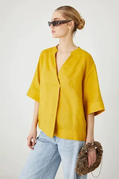 Lněná halenka Medicine žlutá barva, hladká