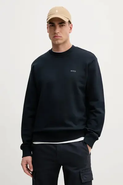 Bavlněná mikina BOSS Orange pánská, tmavomodrá barva, s potiskem, 50539809