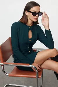 Trendyol Petrol Straight Cut Button Detailed Crew Neck Mini Woven Dress