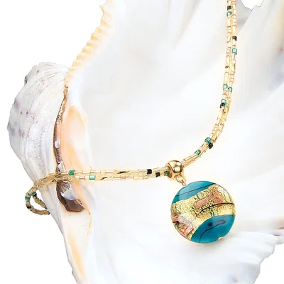 Lampglas Tajemný dámský náhrdelník Turquoise Gold s perlou Lampglas s 24karátovým zlatem NP24
