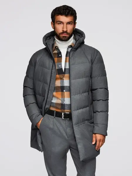 Ombre Men's long quilted jacket with hood - grey