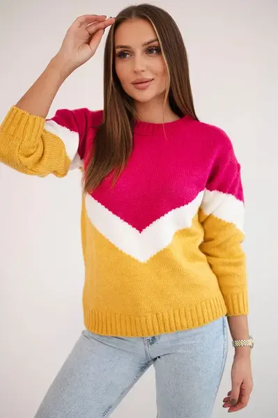 Sweater with geometric fuchsia + mustard patterns