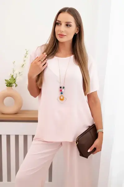 Kesi Włoski Dámska súprava s voľnou blúzkou a širokými nohavicami púdrová ružová