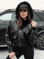 Dámska kožená bunda s kapucňou a futerkom