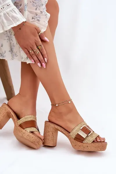 Kožené Dámske Sandále Na Opätku S Prackou A Pletením Hnedé Zazoo 40459